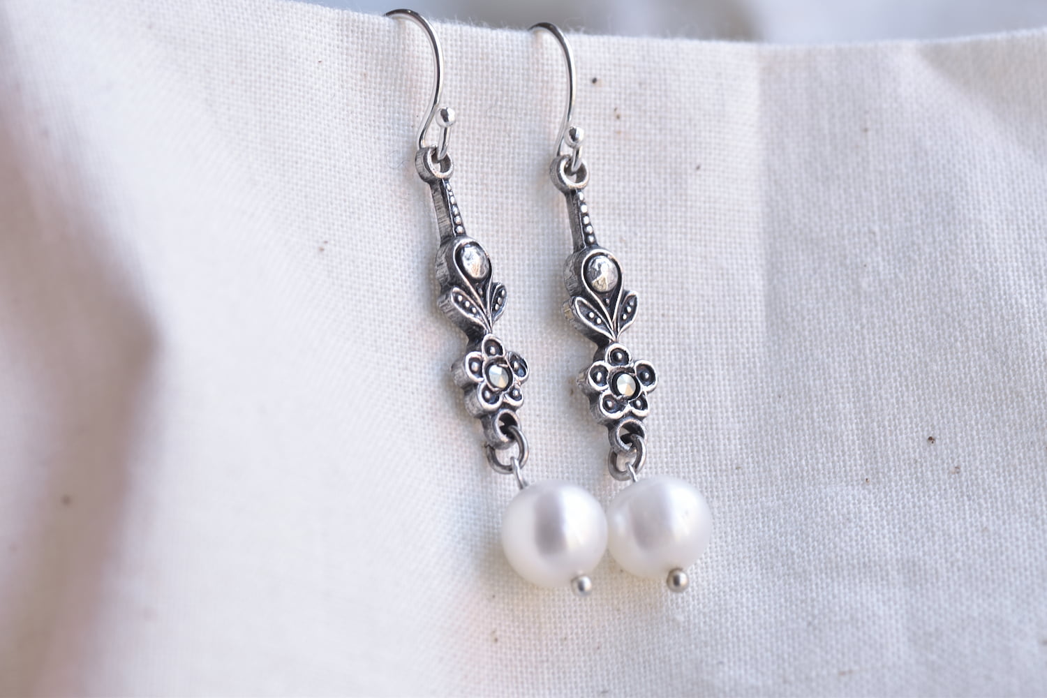 Antique Marcasite and Pearl Earrings - Image 4