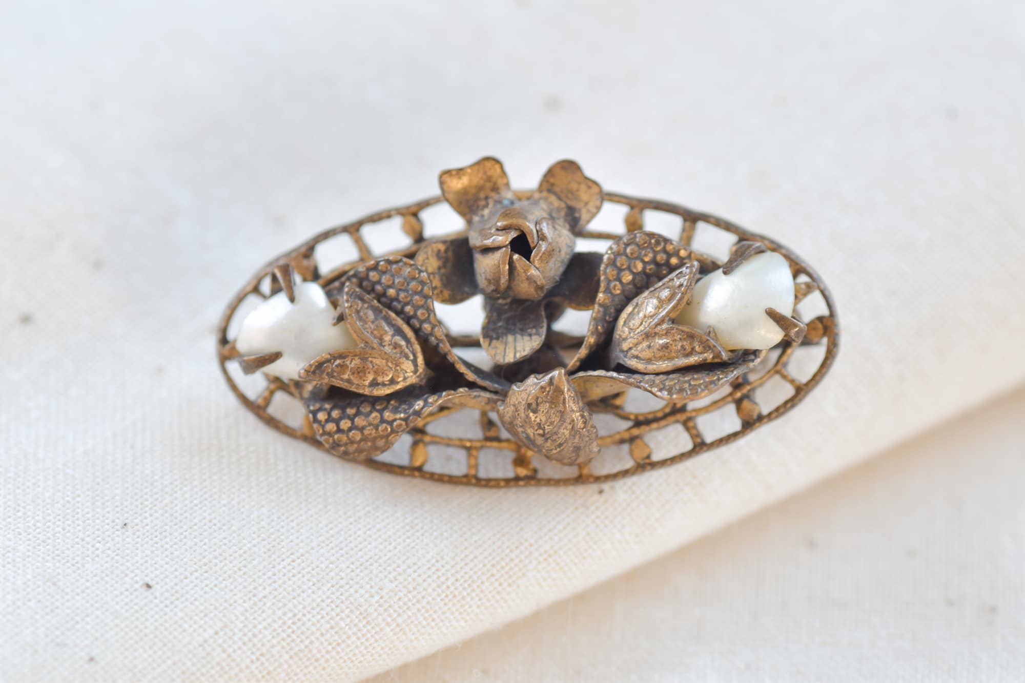 Antique Victorian Filigree Flower Pearl Brooch